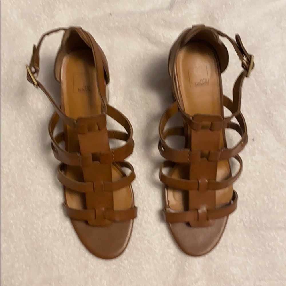 Deep tan leather heeled strappy sandals